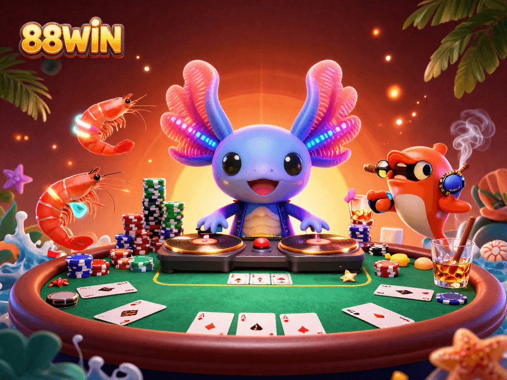 88WIN invites players to enjoy a vibrant casino scene with an axolotl DJ and poker action.