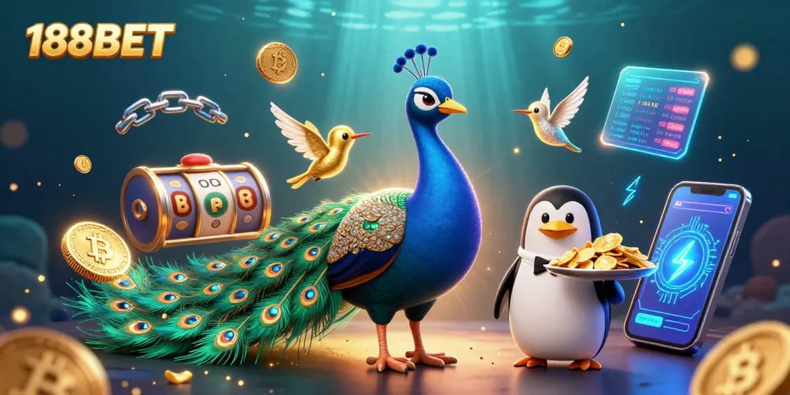 Win big at 188BET with an animated illustration of a peacock, penguin, and hummingbird themed around slots and crypto gaming.