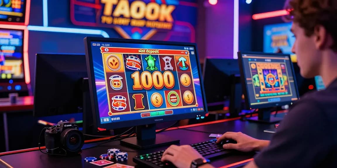 Exciting online gambling scene showcasing slot deposit 1000 interface with vibrant colors and gaming accessories, creating a thrilling atmosphere.