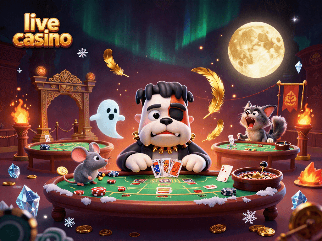 Engage in a thrilling live casino experience with a Frankenstein bulldog dealer and ghostly themes.