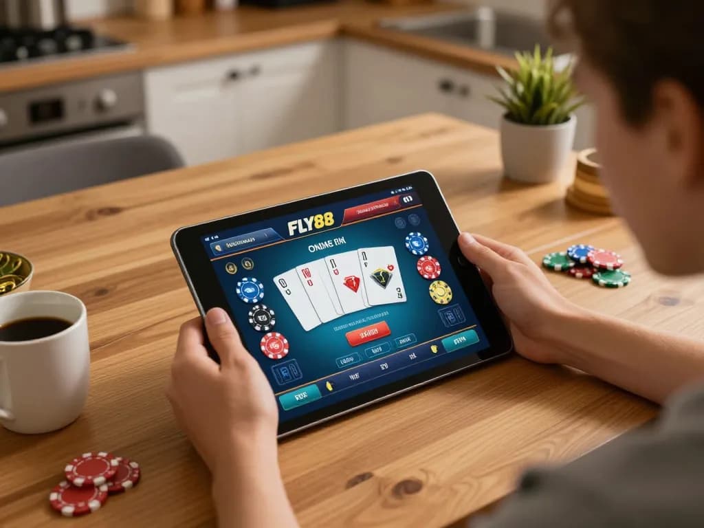 Engaging in online betting on FLY88 using a tablet at a cozy kitchen table