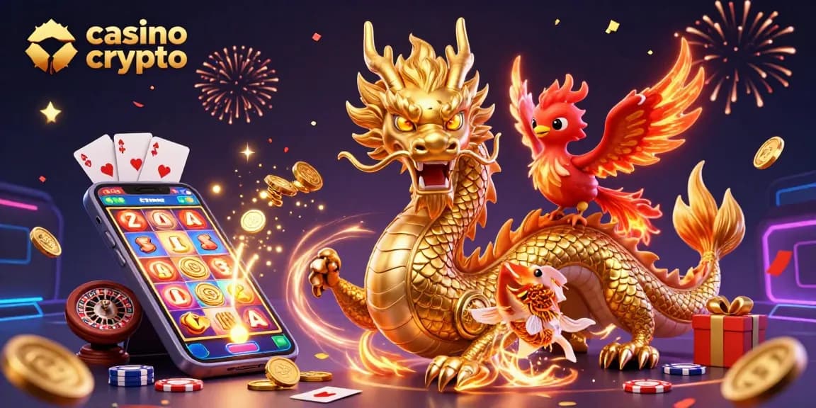 Gioca nei migliori casino crypto e goditi un'illustrazione vibrante di un drago dorato e simboli di fortuna.