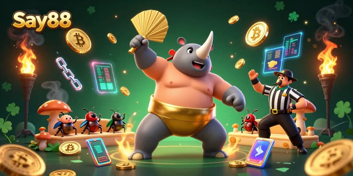 Experience thrilling gameplay at Say88 with vibrant visuals of beetle champions and crypto elements.