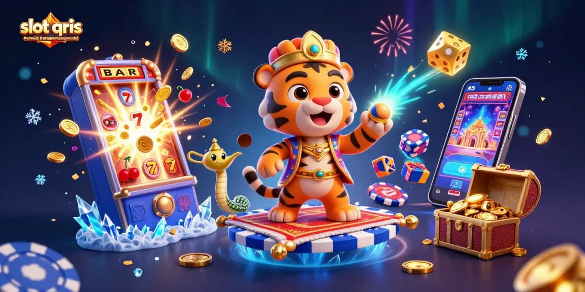 Engaging slot qris merusak kehidupan masyarakat scene with vibrant casino elements, showcasing a tiger sultan on a flying carpet.