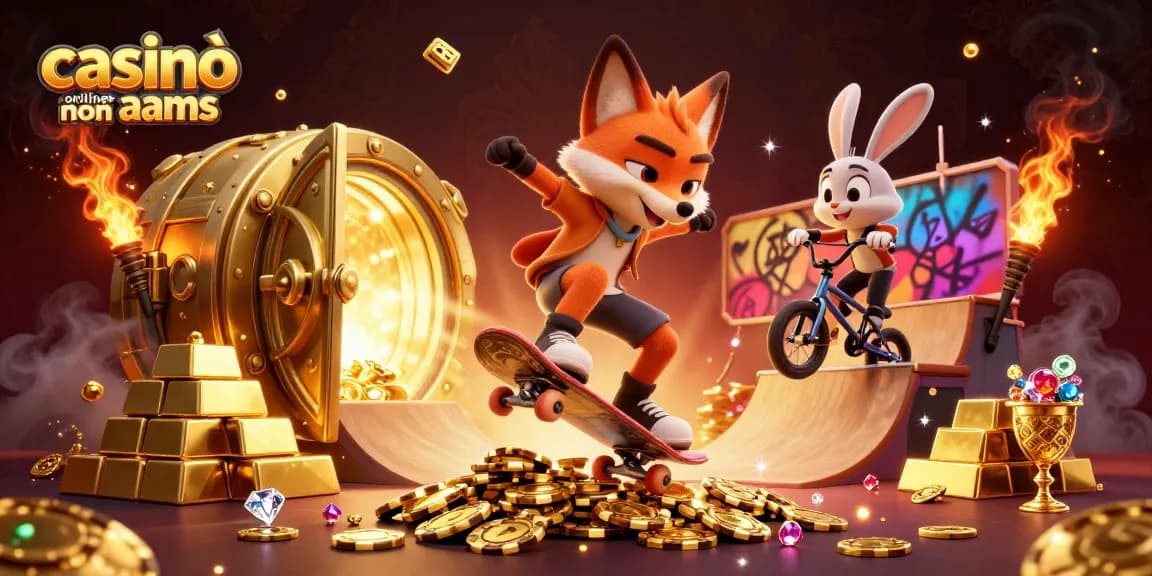 Casinò online non AAMS: scena vivace con volpi e conigli che si esibiscono in trucchi su rampe di fiches dorate.