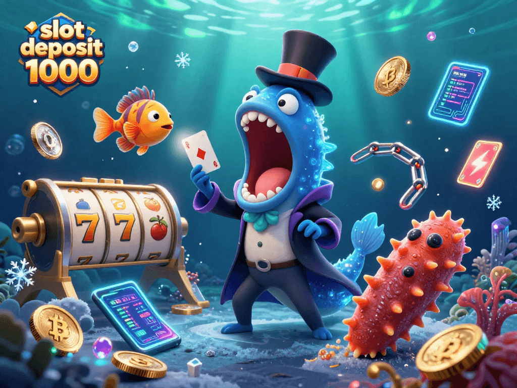 Menangkan slot deposit 1000 dengan gulper eel yang menunjukkan trik kartu dan elemen kasino yang menghiasi.
