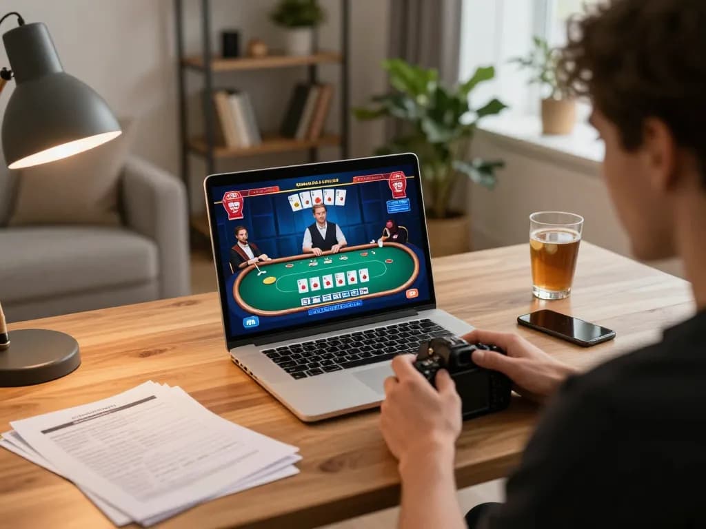 Engaged in online poker gameplay at KK55 with cozy home office setup, illustrating strategic betting atmosphere