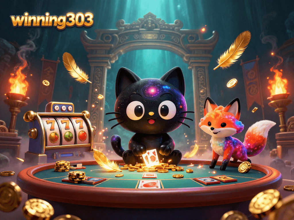 Winning303 slot games scene with a black hole cat and nebula fox at a casino table.