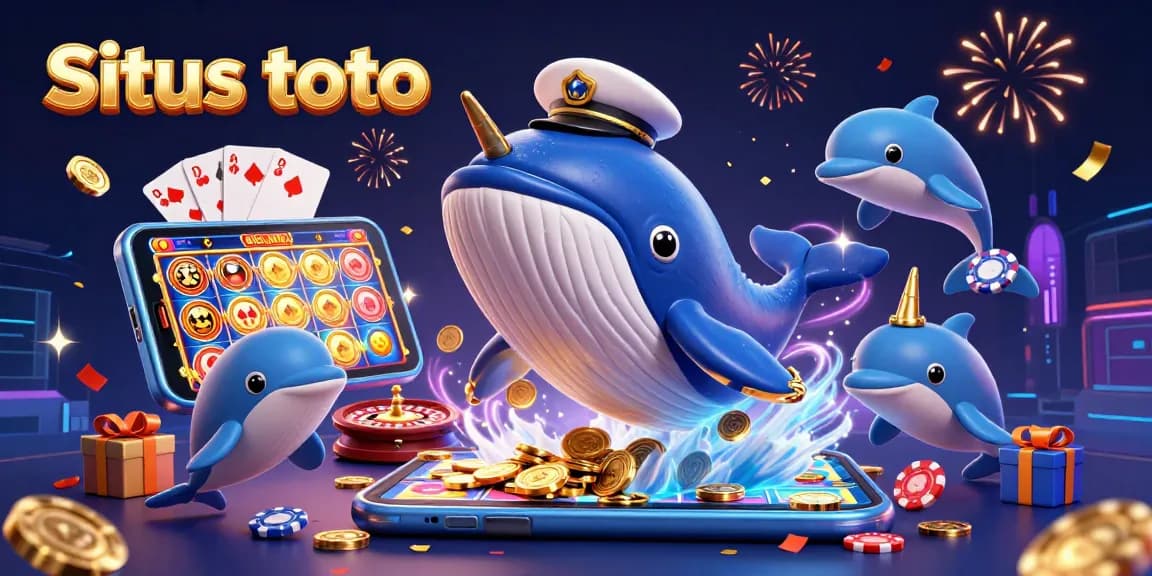 Situs toto showcases winning moments with a cartoon whale and playful dolphins amid vibrant casino elements.