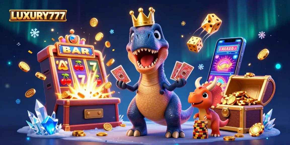 Rasakan keseruan LUXURY777 saat bermain slot dengan simbol jackpot dan karakter kartun dino.