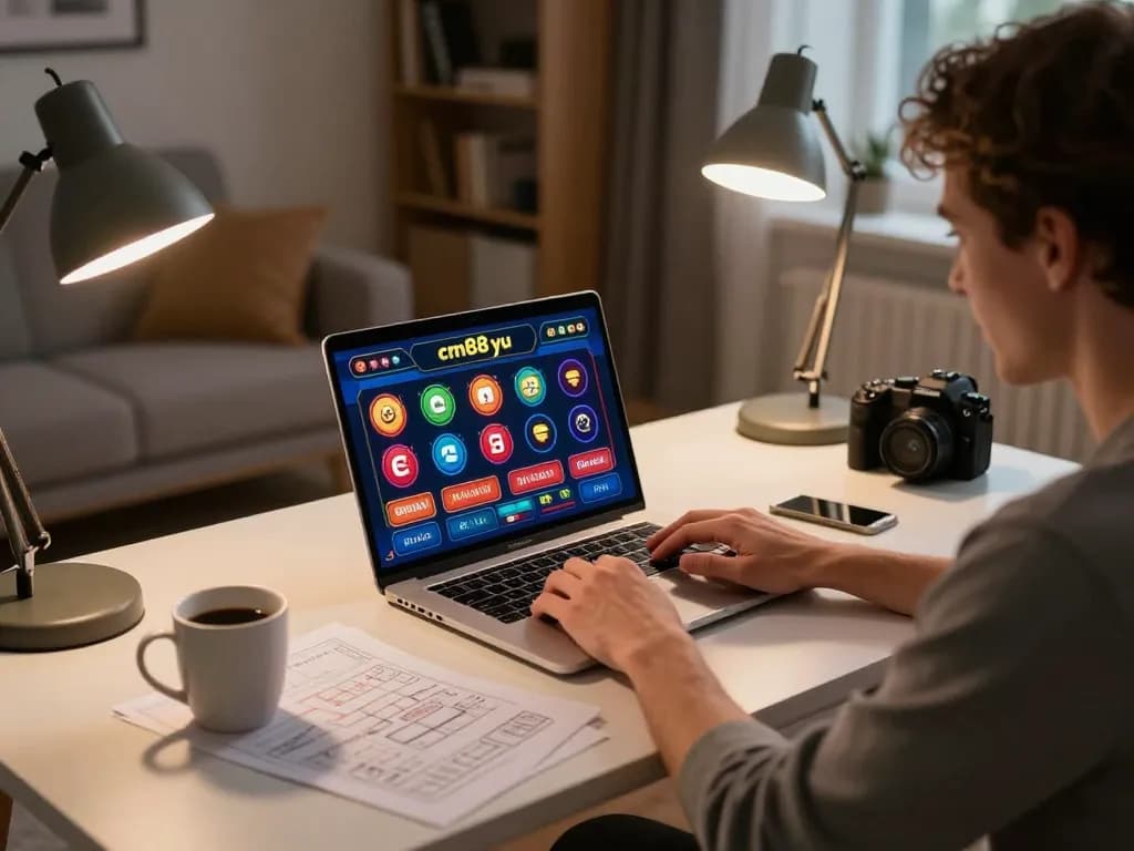 Person strategically betting on cm88-yu from a stylish home gaming setup with laptop and notes.