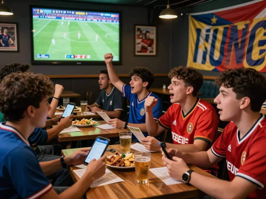 Exciting sports betting atmosphere at a bar featuring fans cheering and engaging with the Thể thao hubet88 platform.