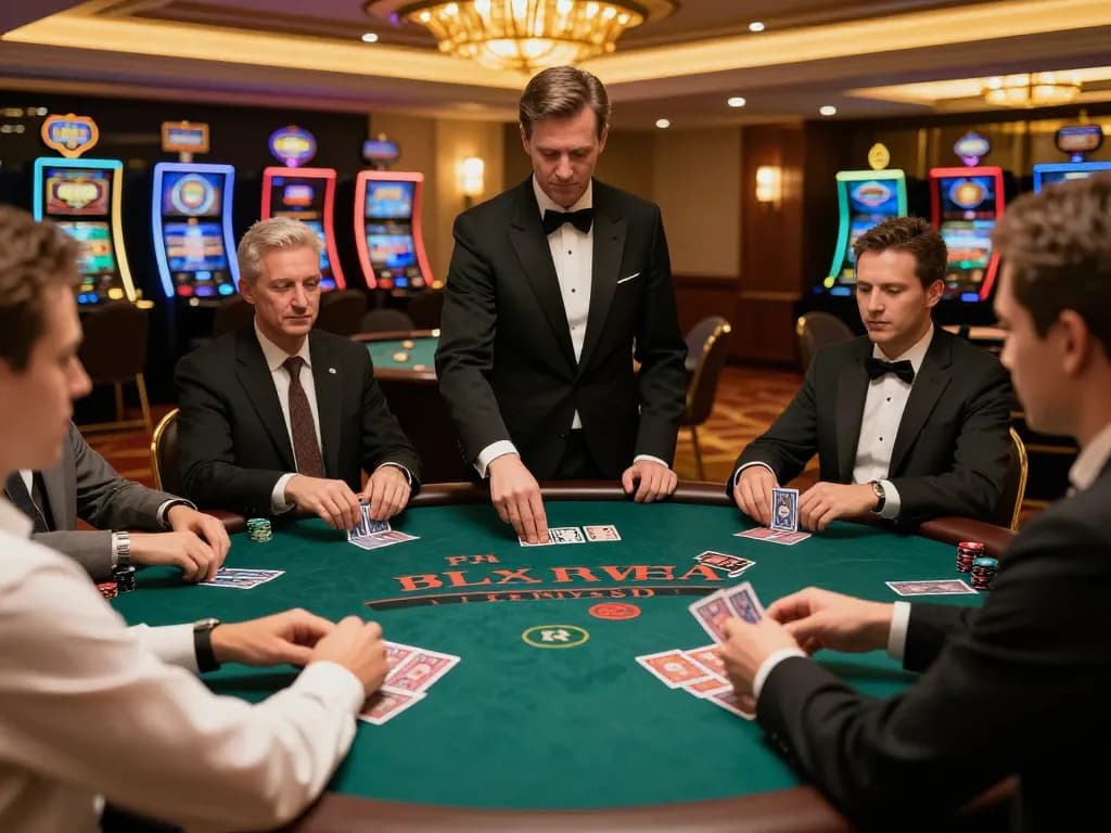 Players at a blackjack table enjoying a game on jmb88 platform in an upscale casino.