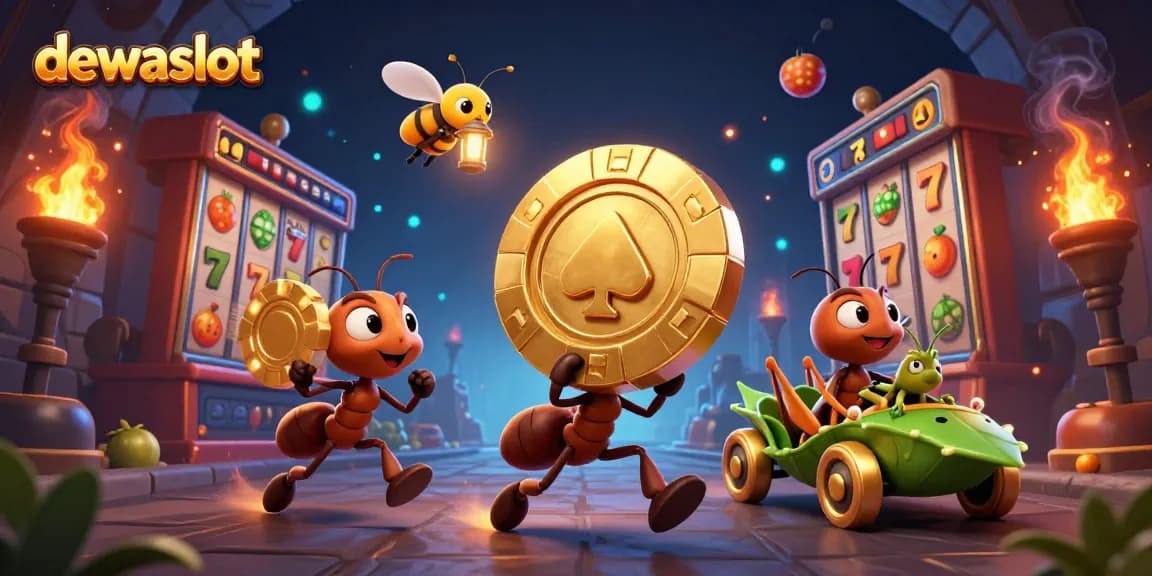 dewaslot membawa simbol keberuntungan dengan chip poker emas dan elemen slot yang dinamis.