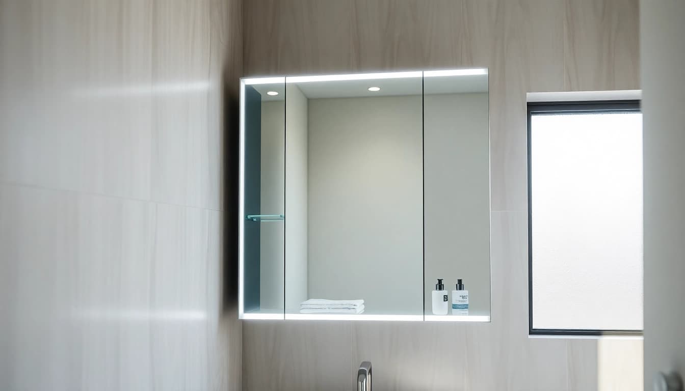 Showcase of a led bathroom mirror cabinet featuring sleek design and integrated lighting in a modern setting.