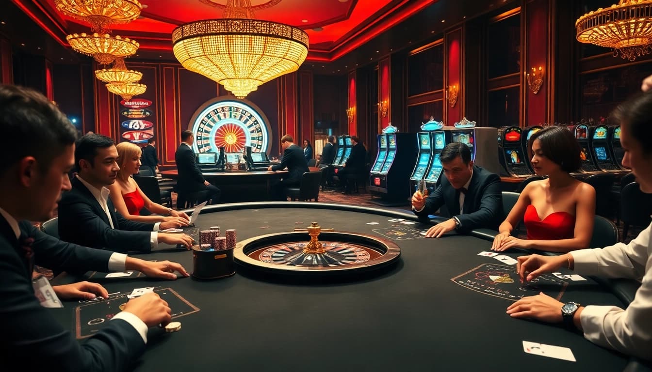 Des joueurs engagés à la meilleure casino en ligne présentant l'excitation du poker à enjeux élevés et de la roulette.