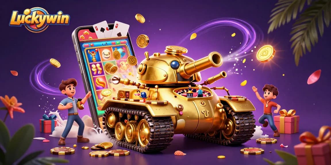 Luckywin enhances gaming excitement with a vibrant 3D illustration of a golden beetle tank casino.