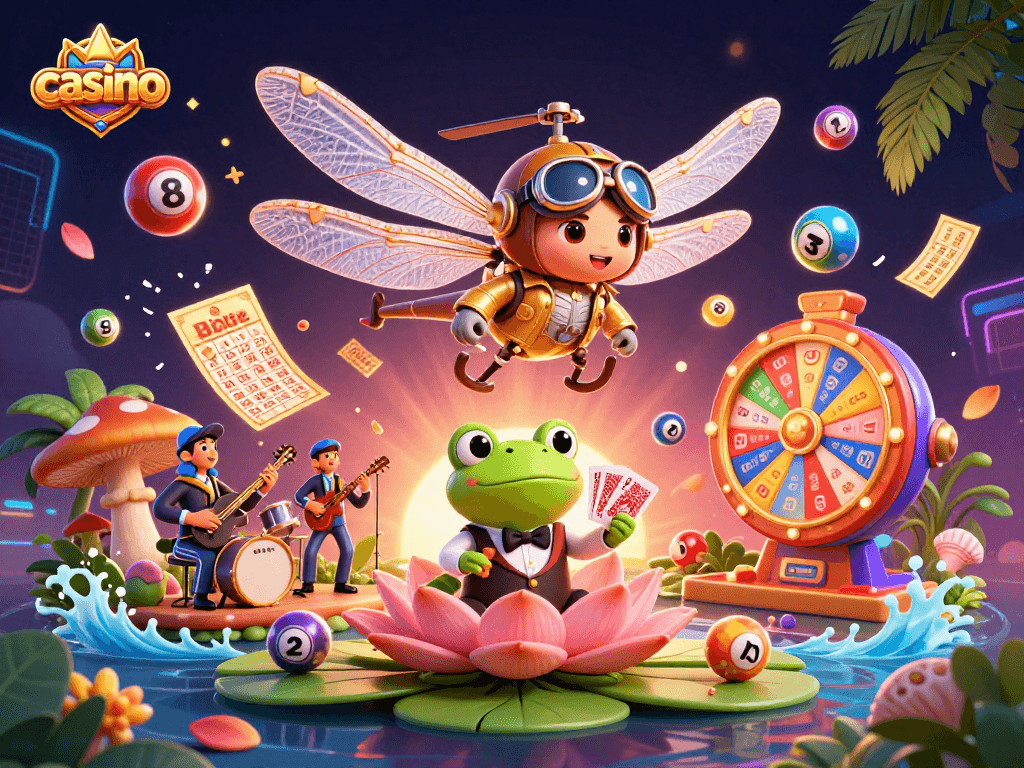 Experience the vibrant casino atmosphere with a cartoon dragonfly pilot and frog croupier dealing cards.