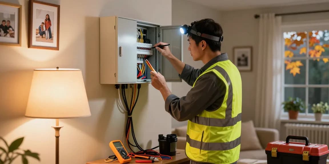 Electrician providing 24/7 electrical support in a cozy living room setting during evening