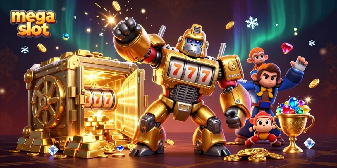 Permainan mega slot dengan gorila emas 3D yang memukau dan banyak harta berkilau.