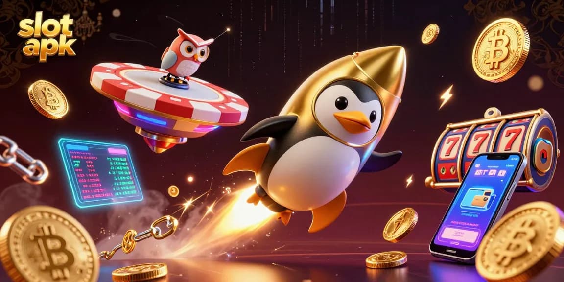 Experience thrilling gameplay with slot apk as a golden penguin blasts into a cosmic casino adventure.