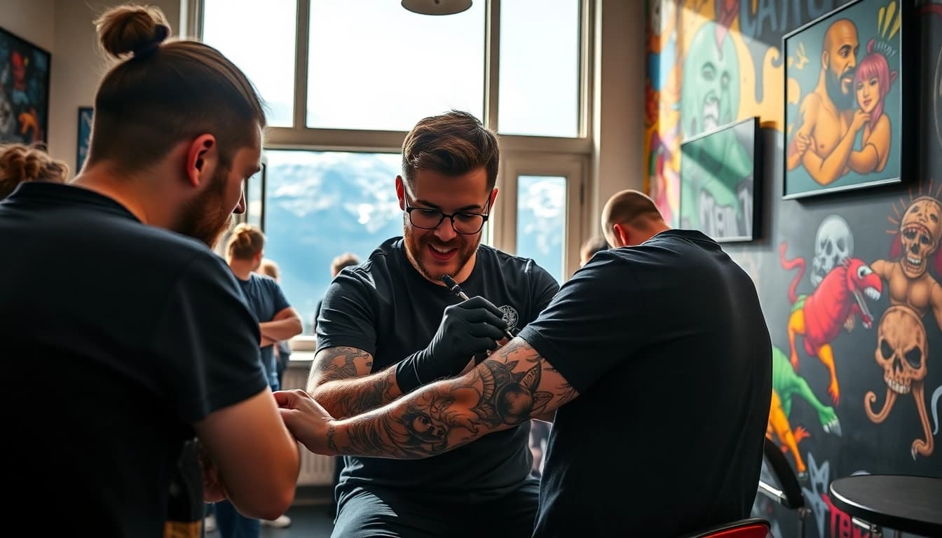 Engaging tattoo artist at entrelagostattooartgallery.com creating vibrant designs in a lively studio.