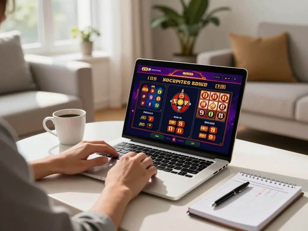 Engaging with open88 link while playing online casino game on laptop in a cozy setting