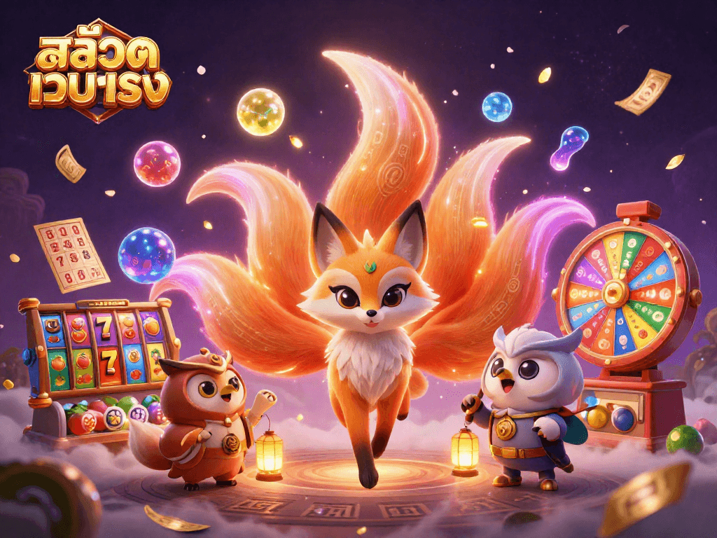 Experience สล็อตเว็บตรง with a vibrant scene of colorful slot reels and a magical fox spirit.