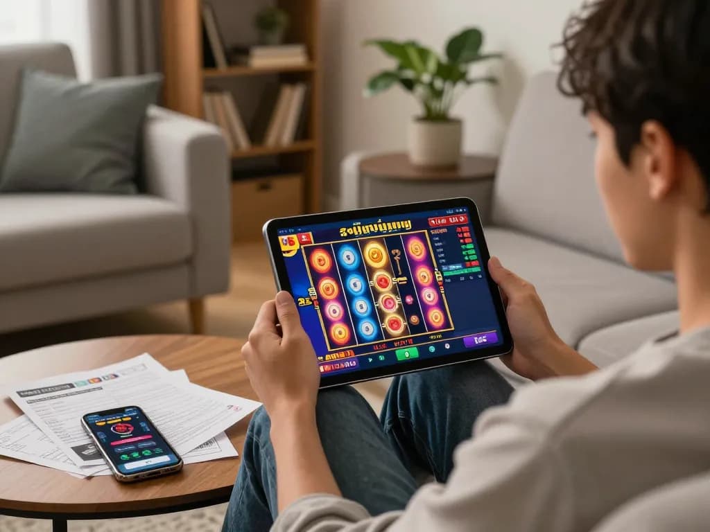 Engaging in สล็อตทดลอง gameplay on a tablet in a warm home setting, showcasing a cozy atmosphere and strategic planning.