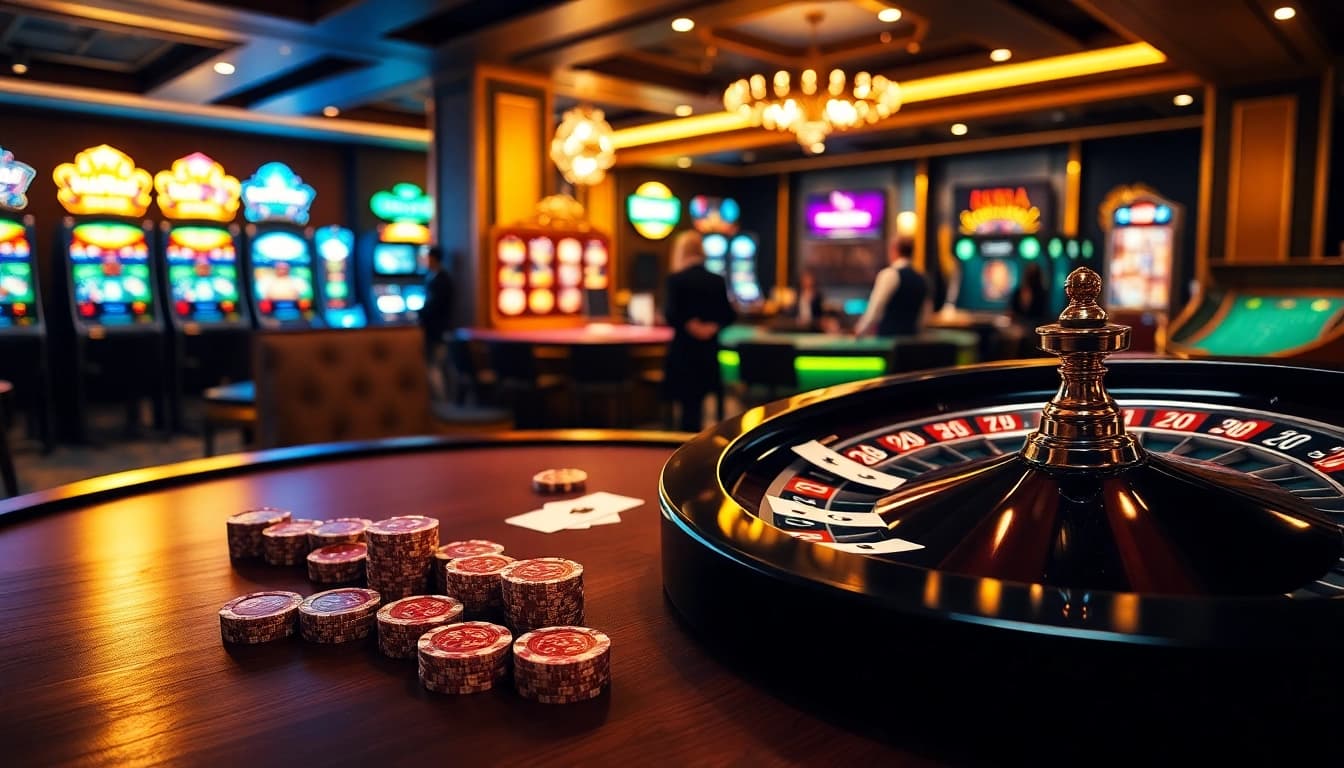 Scène de casino captivante présentant le meilleure casino en ligne avec une roue de roulette lumineuse et des jeux de poker.