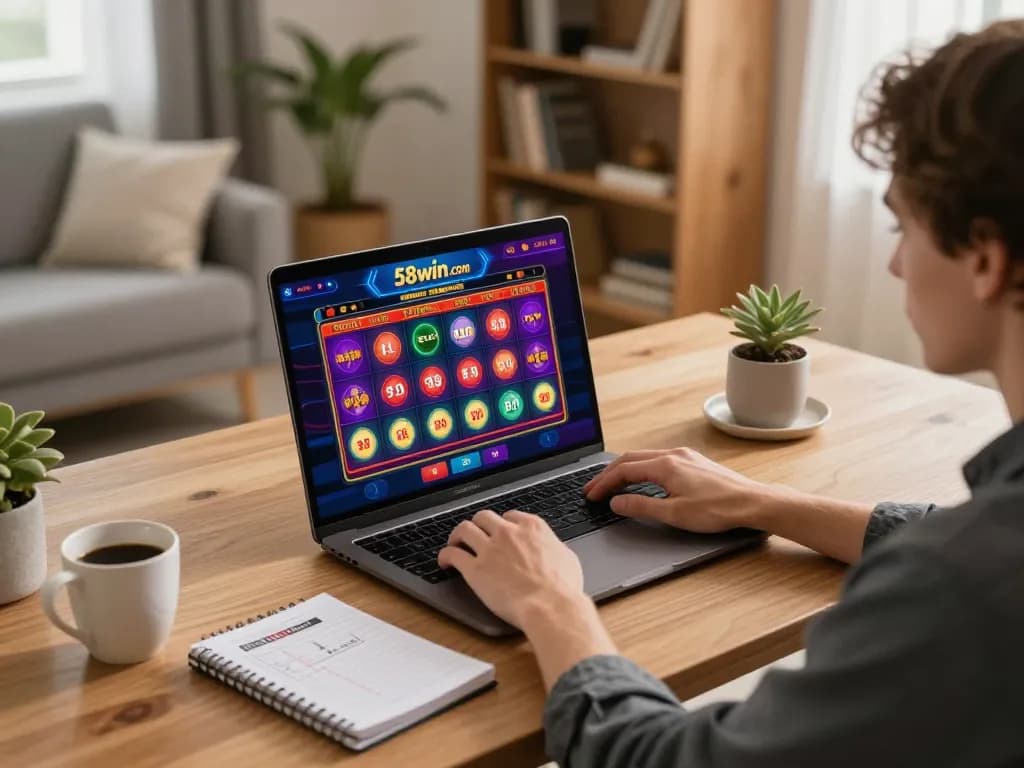 Engaging gameplay on 58win com with a laptop setup in a cozy home environment, showcasing online casino action