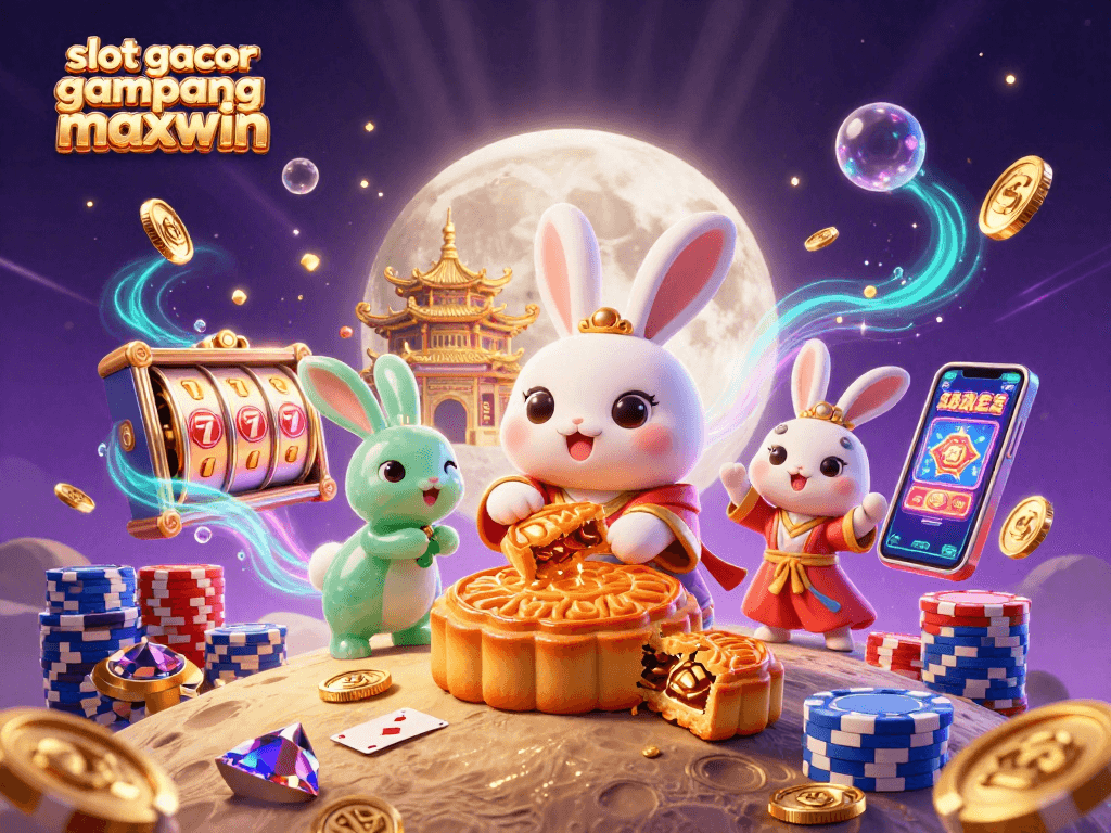 Dive into the fun of slot gacor gampang maxwin with the enchanting moon rabbit and poker chips in a vibrant 3D scene.