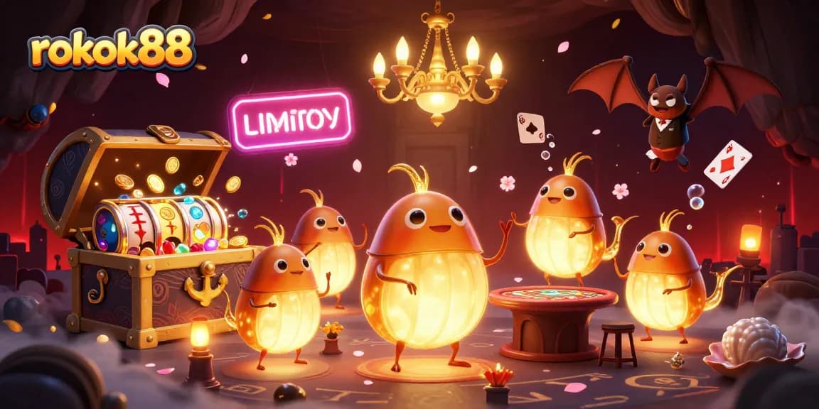 Engage in thrilling gameplay at rokok88, illuminated by glowworms and vibrant slot reels.