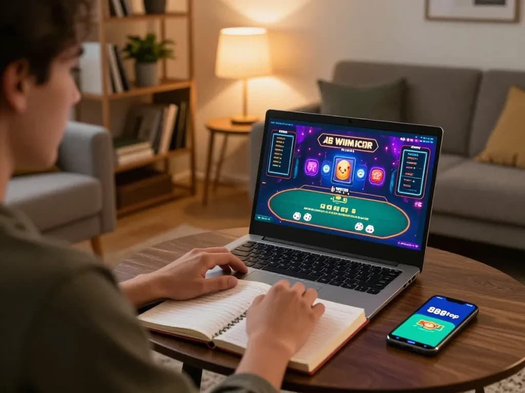 Player engaging with the 888top casino app while strategizing in a cozy home setting.