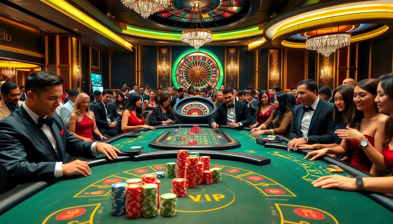 Trải nghiệm cảm giác hồi hộp của Bet VIP trong không gian casino sống động với bàn poker và nội thất sang trọng.