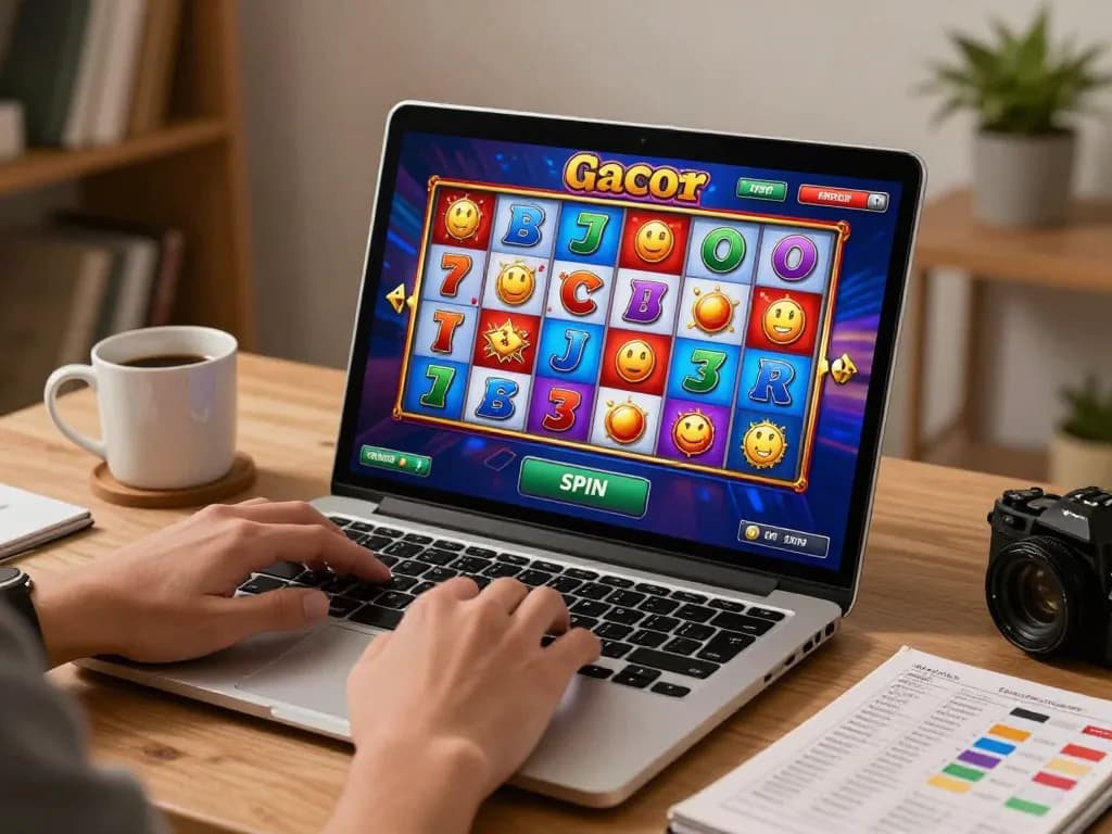 Engaging online slot gacor gameplay as player presses the spin button at home.