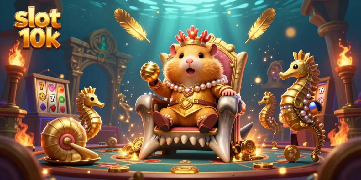 Experience thrilling slot 10k action with an illustrated golden hamster king amidst vibrant casino symbols.