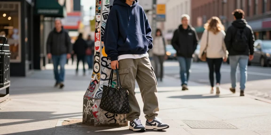 Trendy urban outfit showcasing 레플리카 street fashion against vibrant city backdrop.