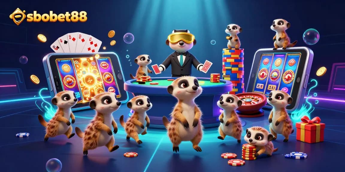Experience sbobet88 gaming fun with meerkats in a vibrant casino scene filled with action.