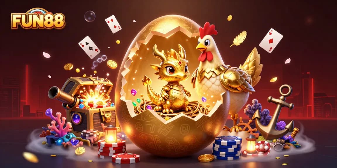 Experience the excitement of FUN88 with a dazzling illustration of golden elements and vibrant casino themes.