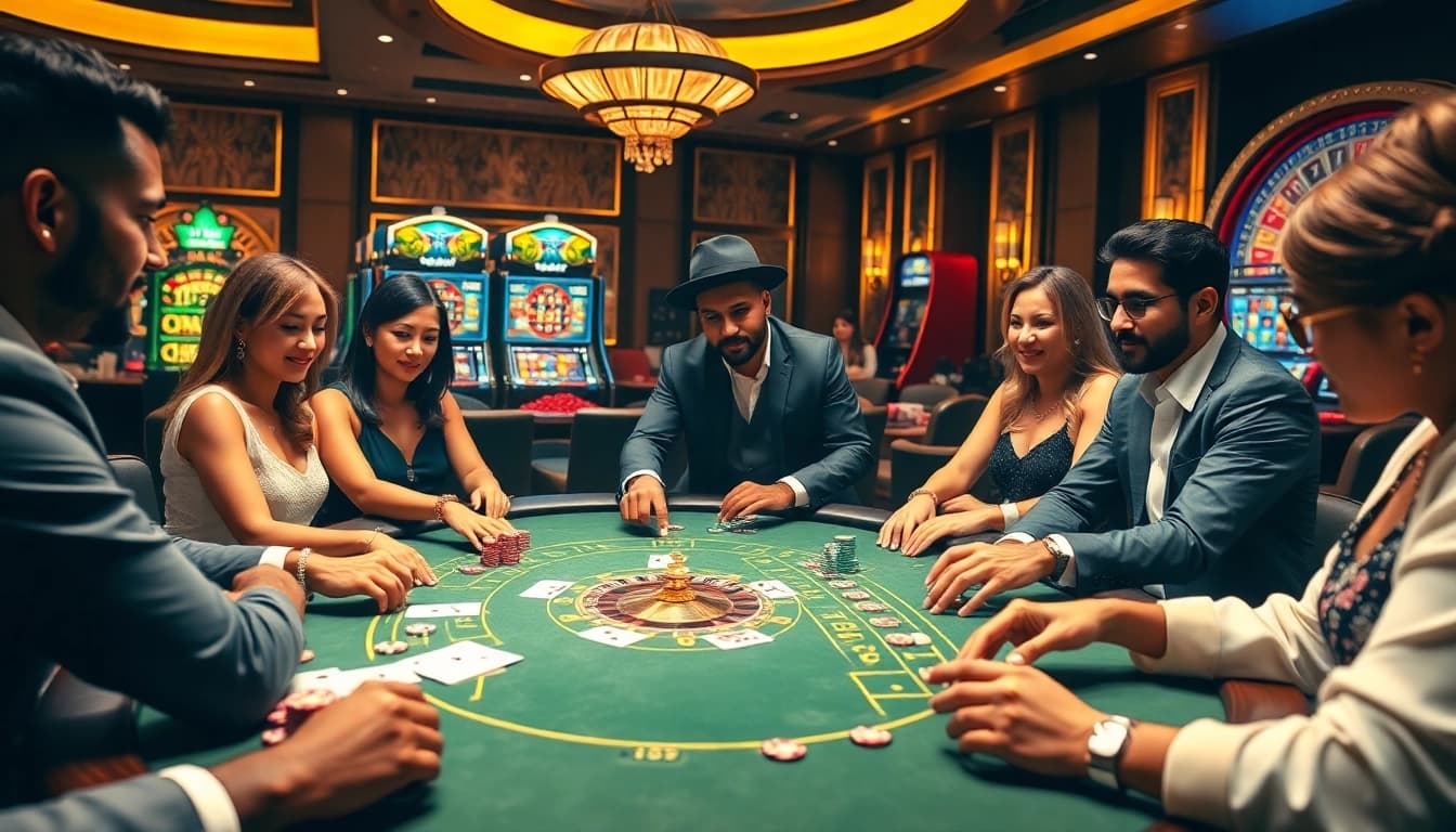 Participez à la meilleure action de jeu au meilleure casino en ligne, mettant en avant des joueurs autour d'une table dynamique avec des jetons et des cartes.