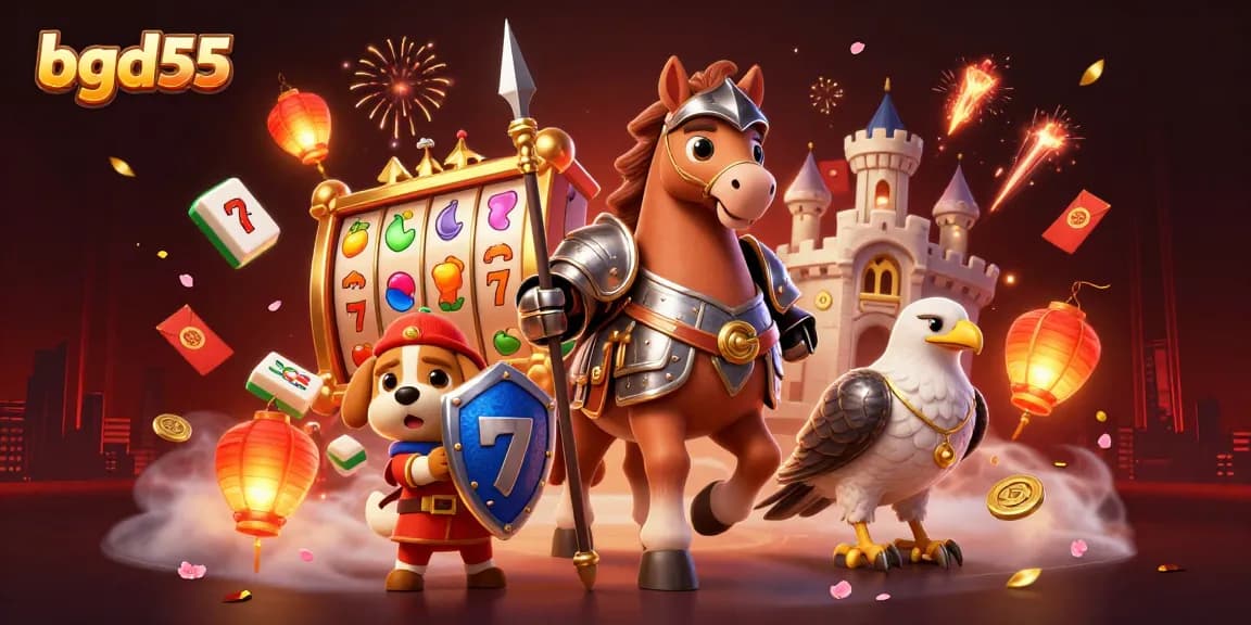 bgd55 showcases a thrilling slot game scene featuring a knight, puppy, and falcon.