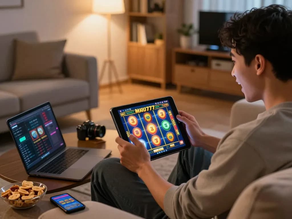 Engaged player spinning the MAU777 slot reels on a tablet in a cozy home setting.