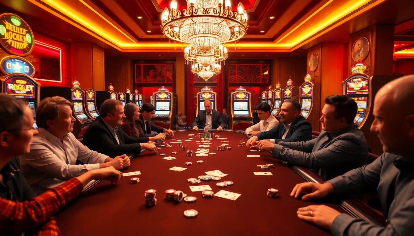 Action excitante à la table de poker du meilleure casino en ligne avec des jetons et des cartes colorés.