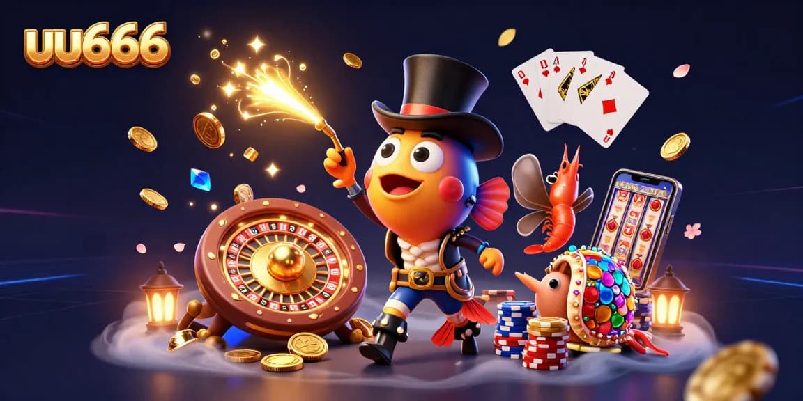 uu666 captivates players with a dazzling 3D casino scene featuring glowing coins, vibrant characters, and dynamic game elements.
