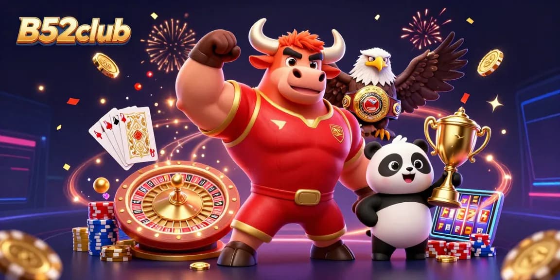 B52club players celebrate with winnings in a vibrant, 3D casino scene filled with gold coins and game elements.