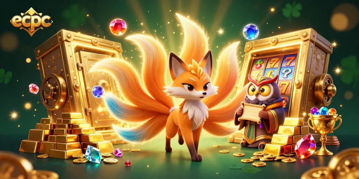 Engage with ecpc's exciting nine-tailed fox spirit amidst glowing treasures and vibrant slot features.