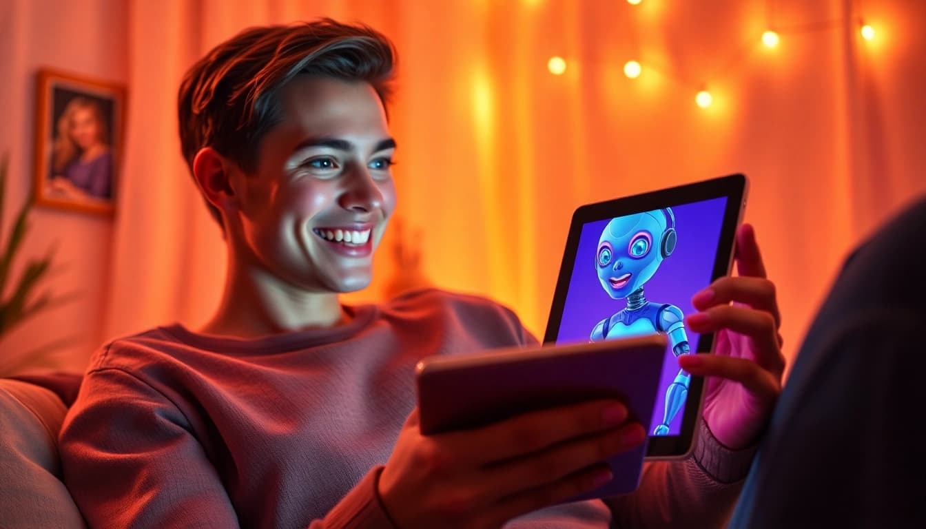 Engaging ai chat sex experience with a friendly AI character on a tablet.
