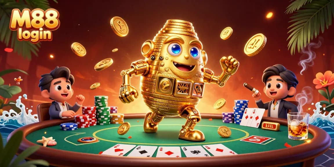 M88 login - Engage with dynamic betting action alongside a golden golem and poker table in an exhilarating casino scene.
