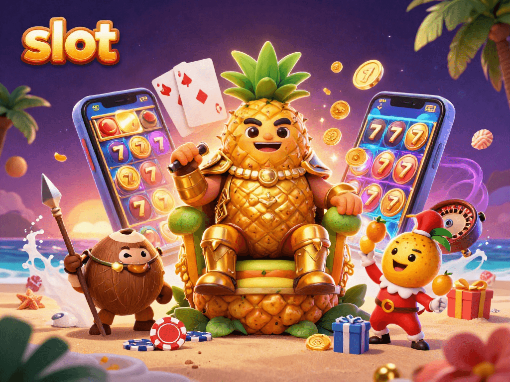 Engage with exciting slot games amidst a vibrant 3D casino scene featuring a pineapple king.